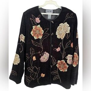Vintage‎ Indigo Moon Floral Embroidered Sequined Jacket - Dark Romance